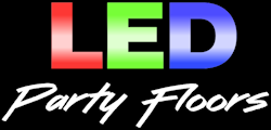 In red, green and blue LED colors the letters L, E, D then Party Floors in white.